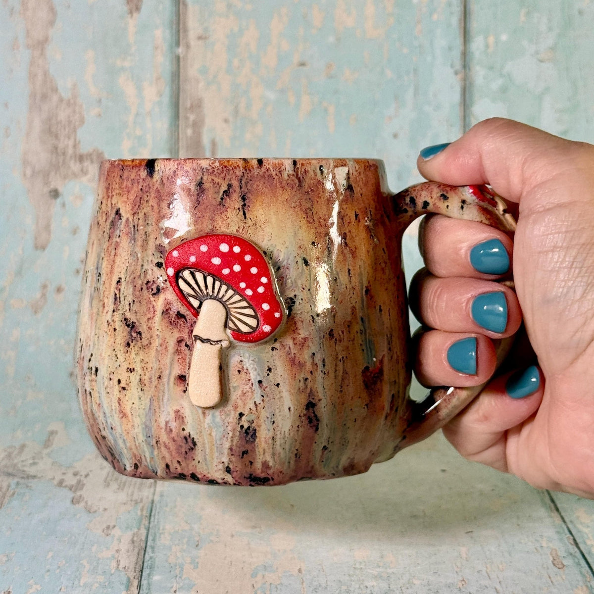 Brown Speckled and Red Mushroom Mug, Fungi Ceramic Cup - FJD Ceramics