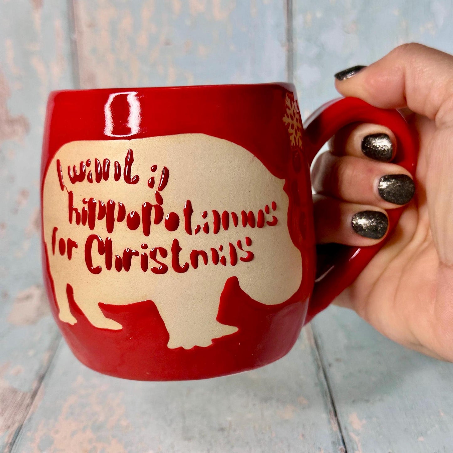 Red Christmas Hippo Mug, Handmade Ceramic Cup