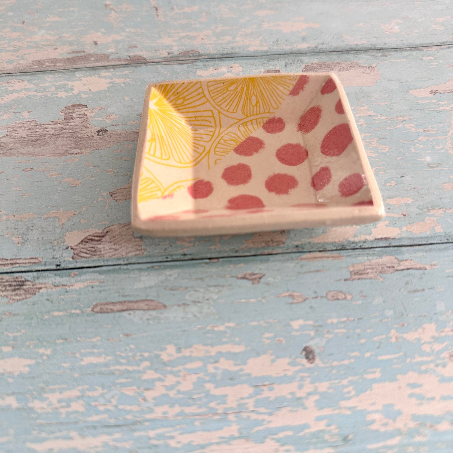 Small Pink and Yellow Square Ring Dish, Handmade Ceramic Pot