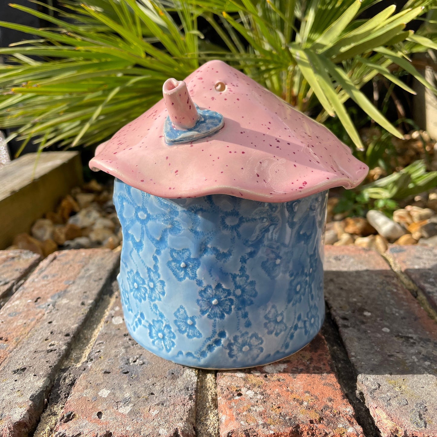 Pink and Blue Ceramic Birdhouse, Handmade Garden Decoration