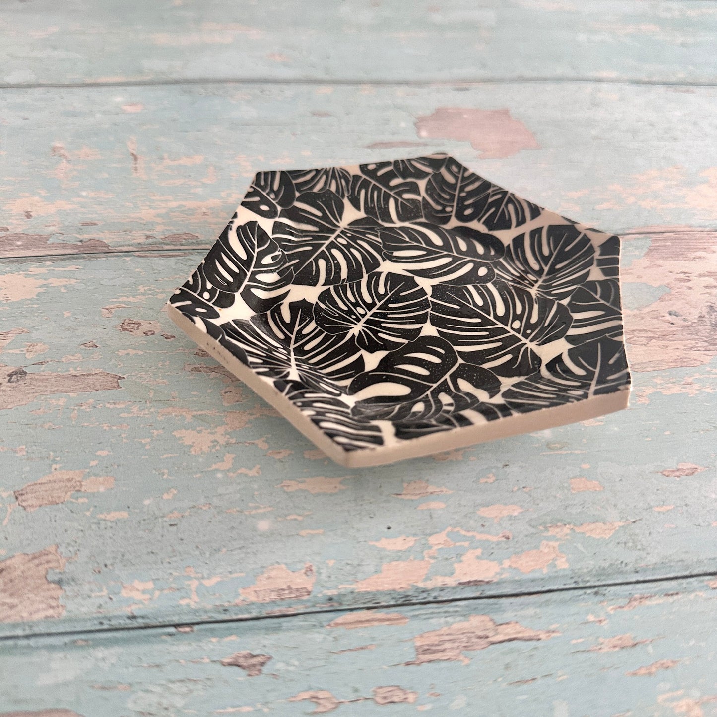 Black and White Monstera Jewellery Dish, Handmade Hexagon Ceramic Pot