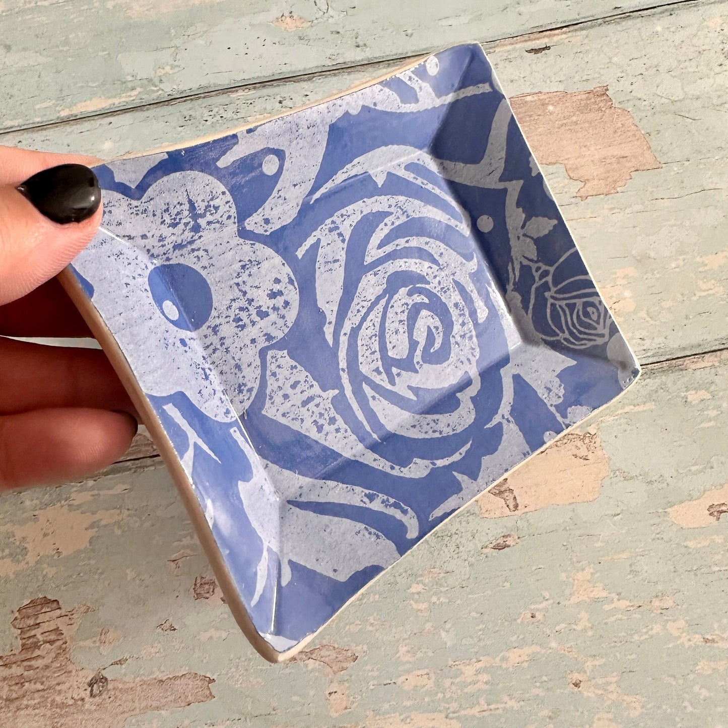 Small Floral Blue Ring Dish, Handmade Ceramic Pot