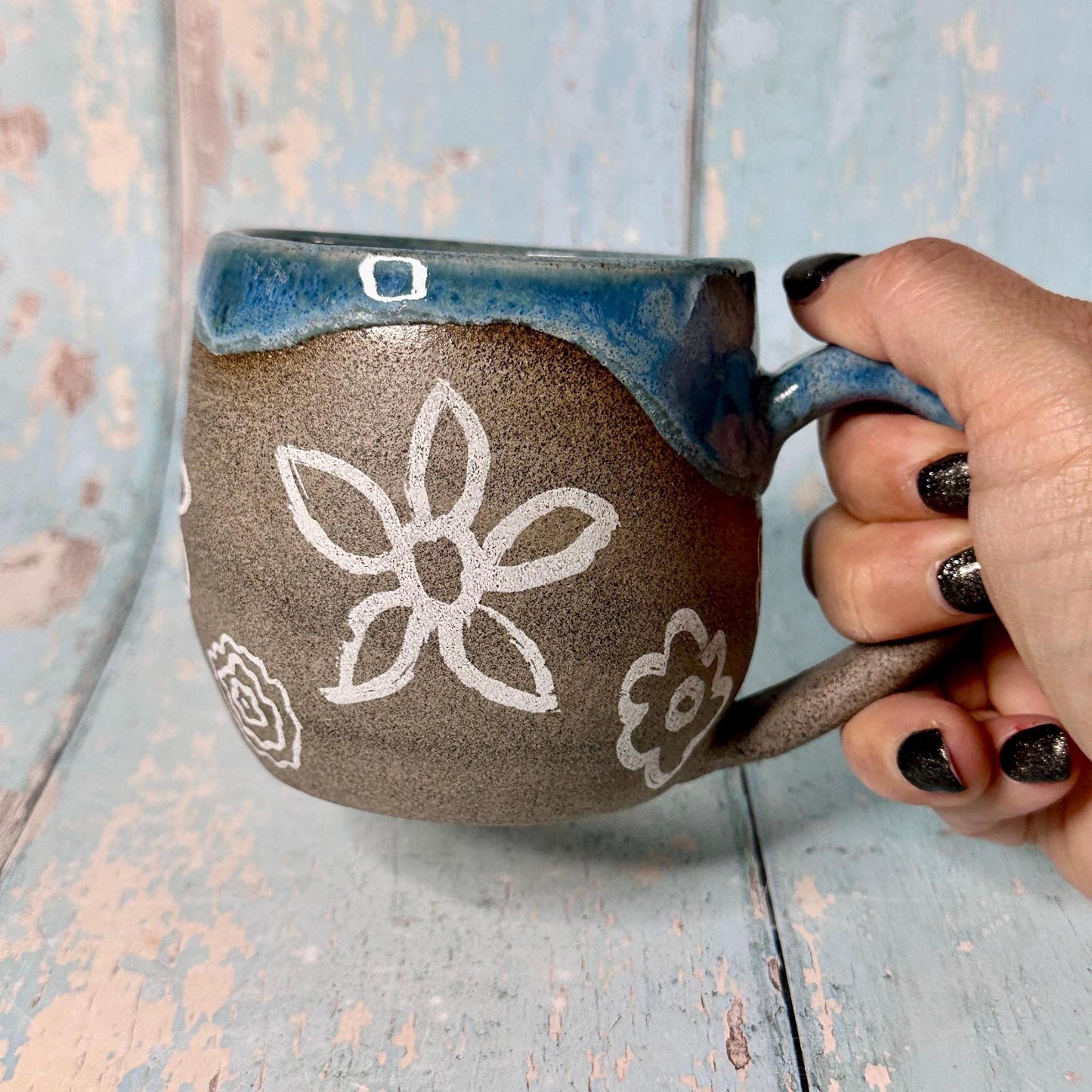 Blue and Grey Flower Mug, Large Handmade Ceramic Cup