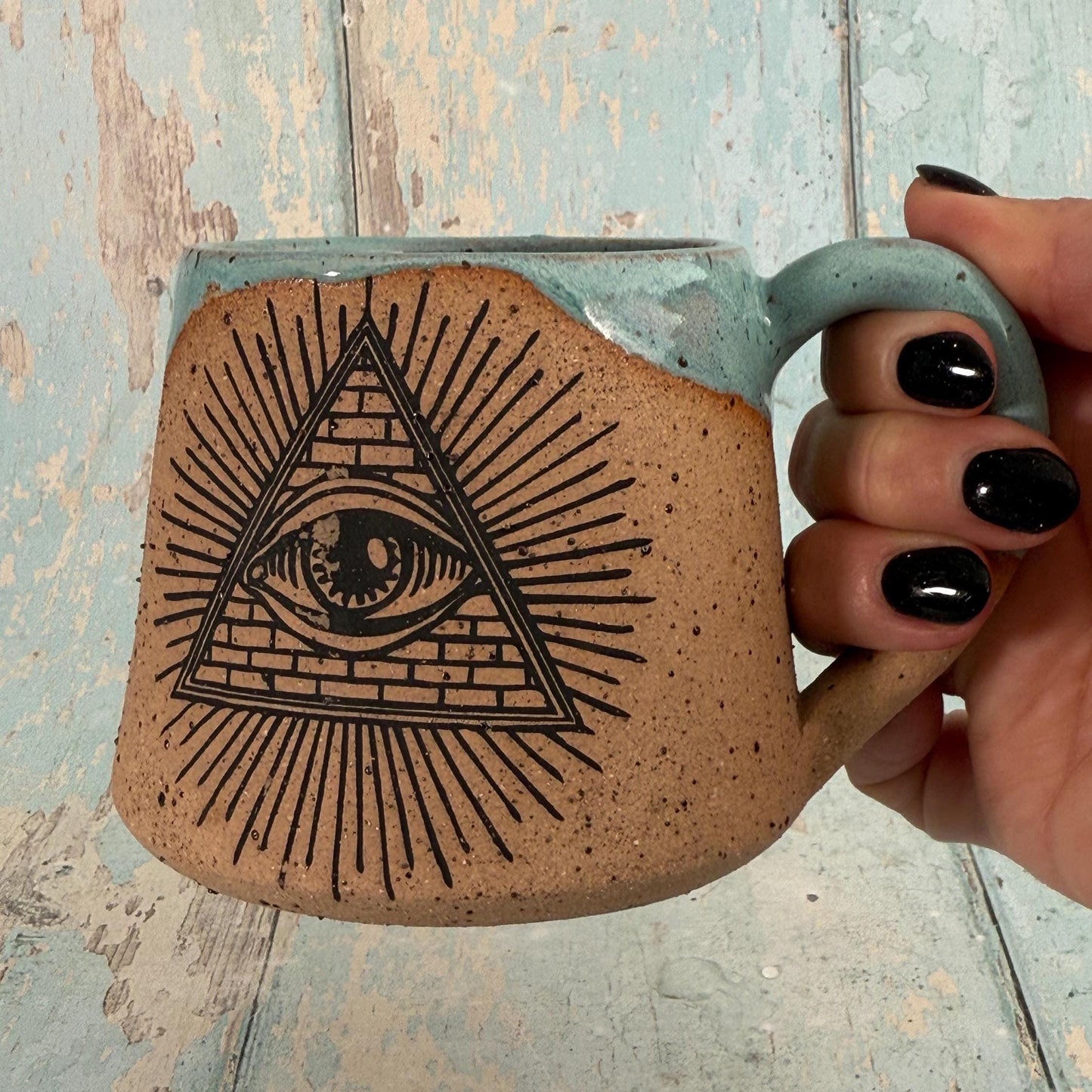 Mystical Hand and Eye Mug, Handmade Copper Ceramic Cup