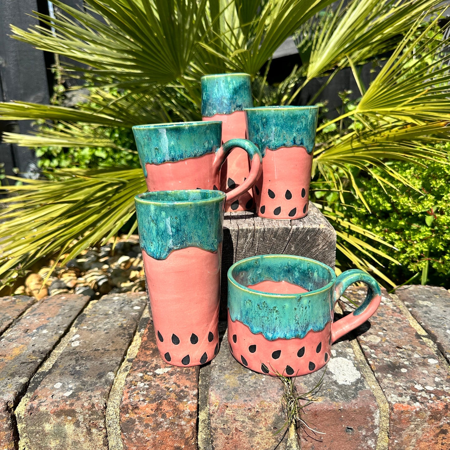 Ceramic Watermelon Drinks Tall Tumbler, Large Pink and Green Water Cup