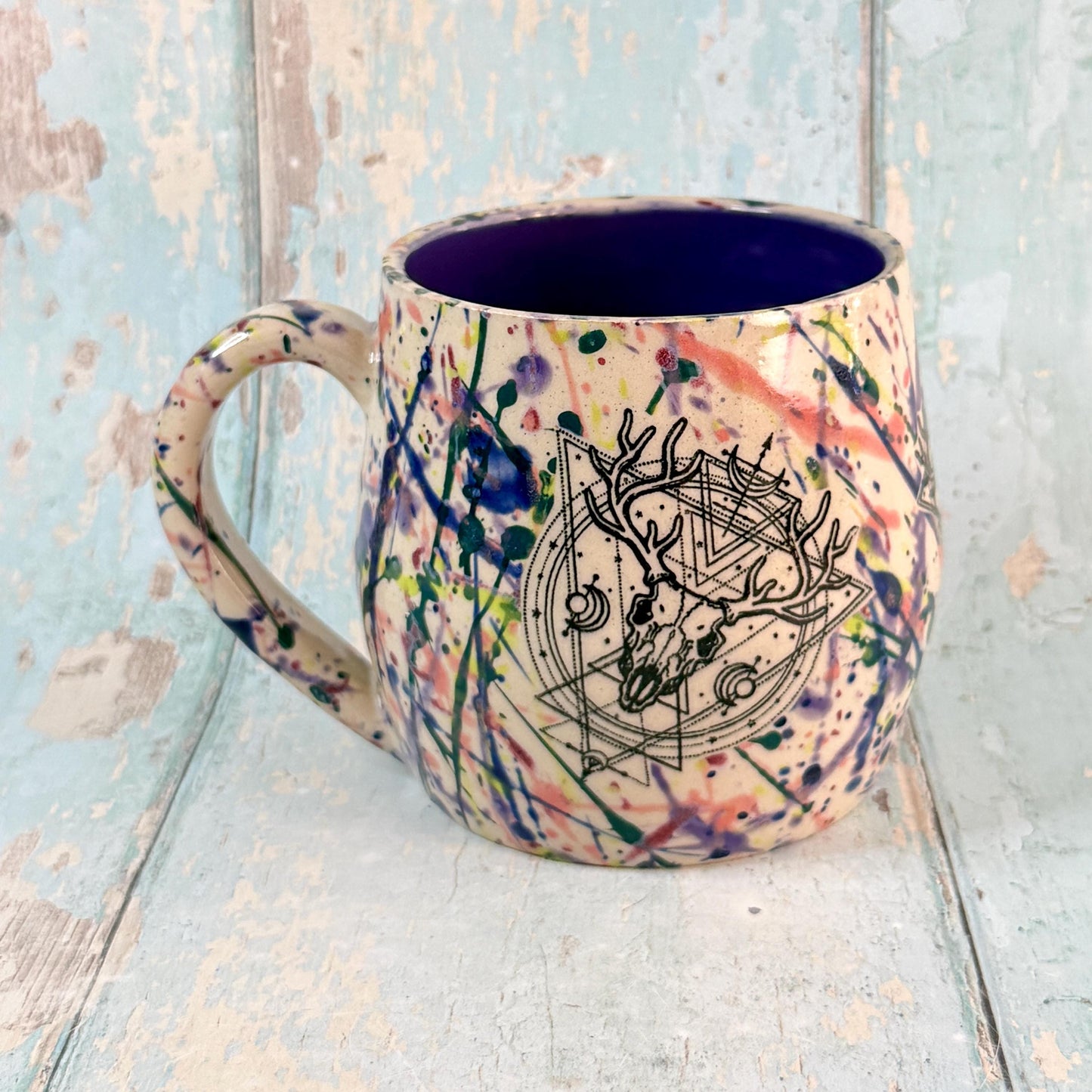 Dark Purple Boho Stag Skull Mug, Large Ceramic Cup