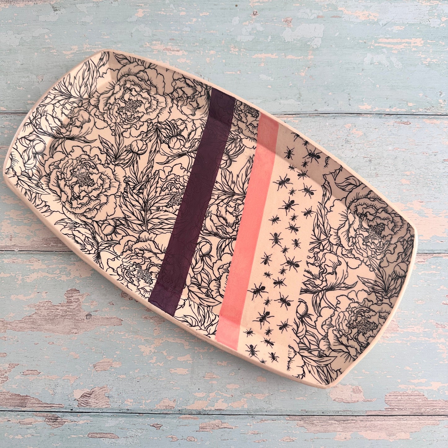 Peony and Ant Platter, Pink and Purple Large Handmade Rectangle Ceramic Plate