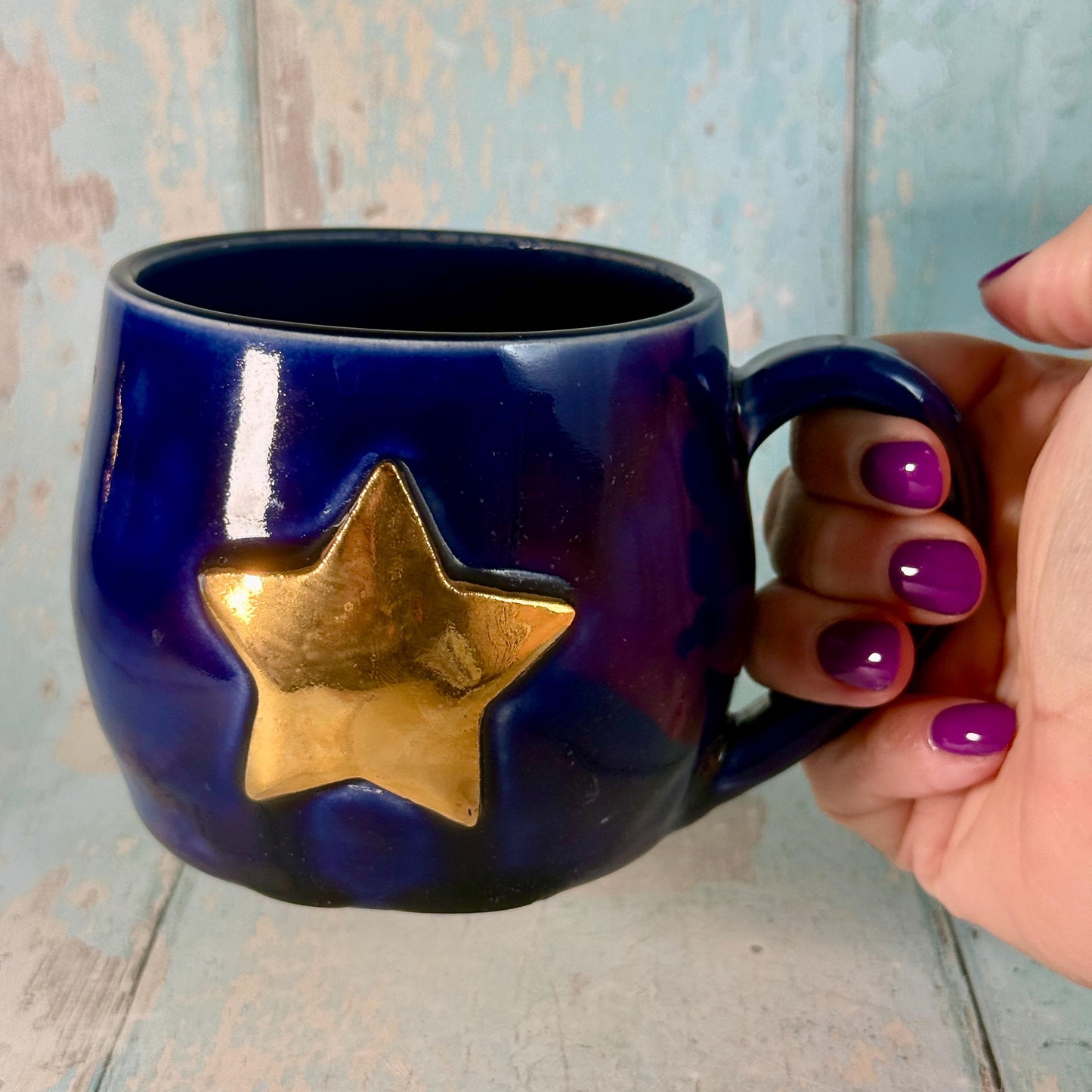 Dark Blue Gold Star Mug, Handmade Ceramic Mug