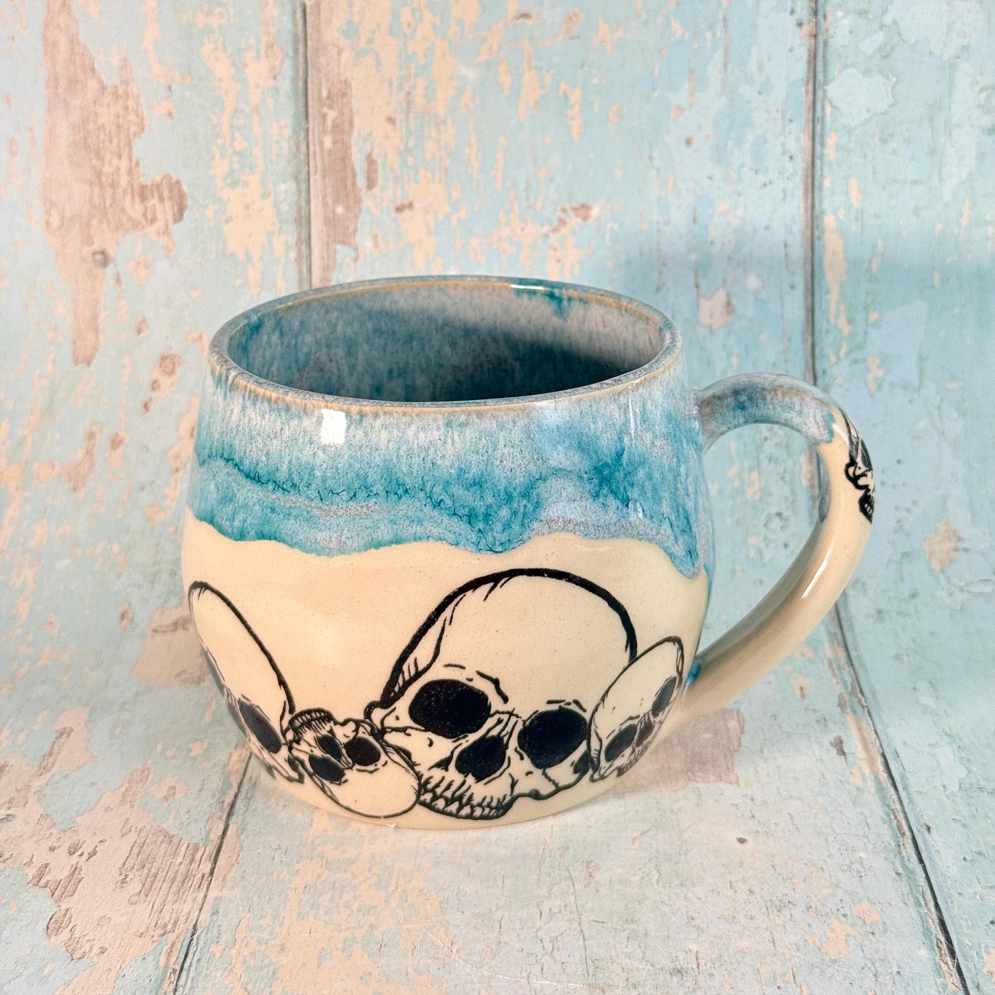 Turquoise Skull Mug, Handmade Ceramic Cup