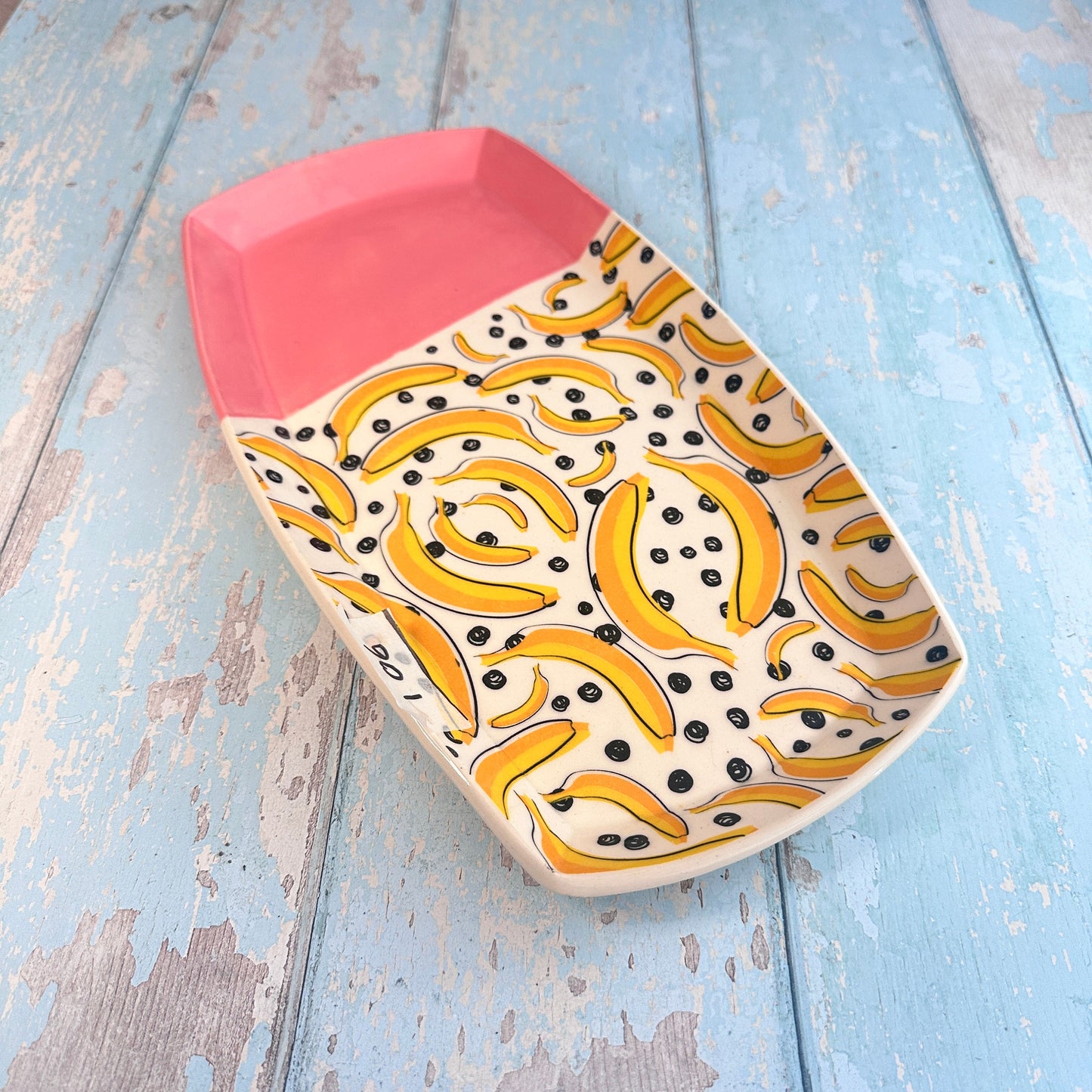 Large Banana Platter, Yellow and Pink Handmade Rectangle Ceramic Plate