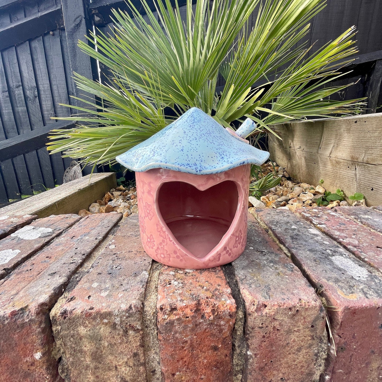 Pink and Blue Ceramic Bird feeder, Handmade Garden Decoration