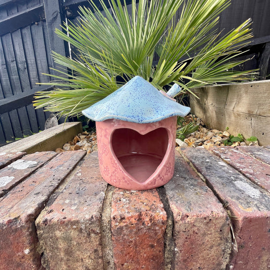 Pink and Blue Ceramic Bird feeder, Handmade Garden Decoration