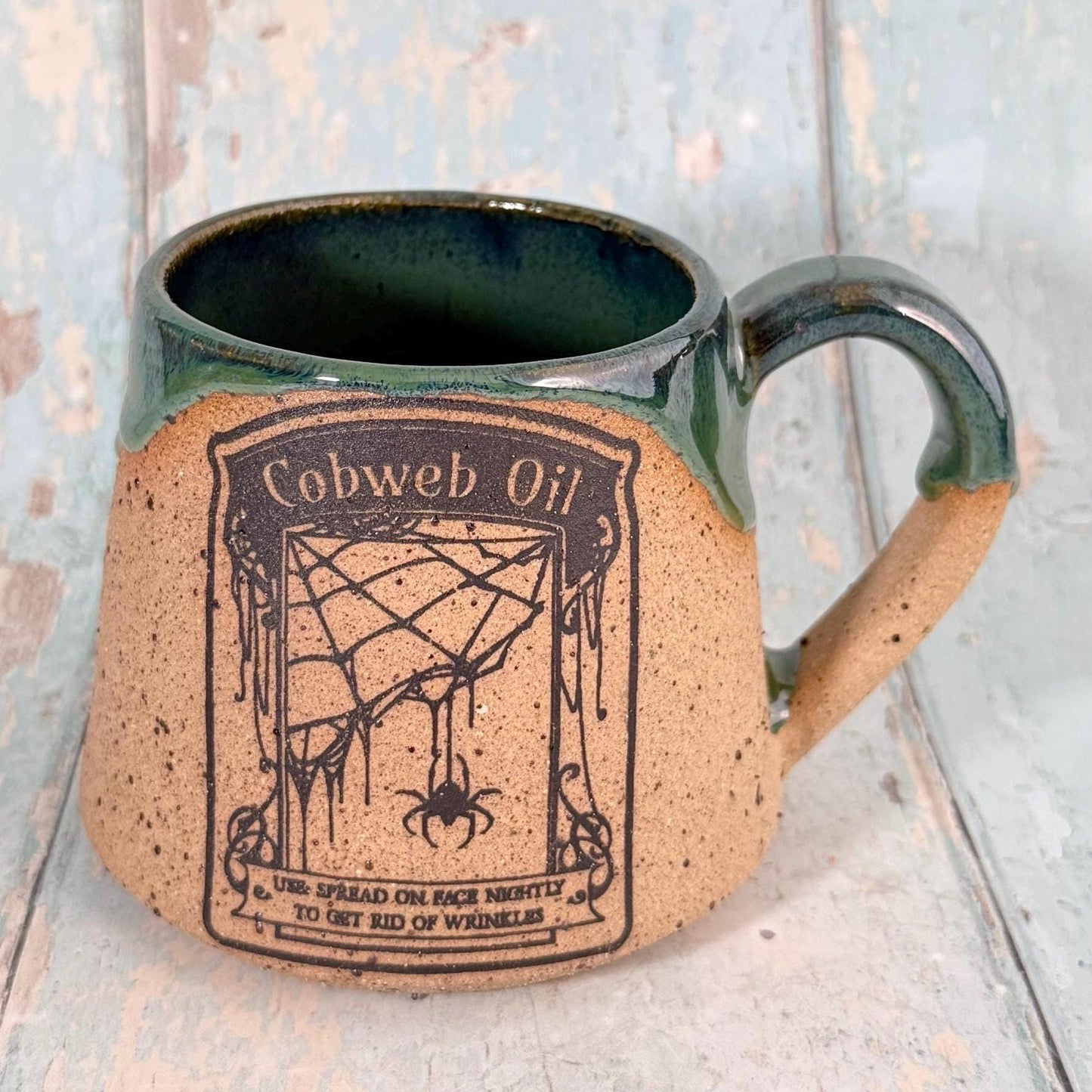 Green "Cobweb oil" Witch Label Mug Halloween Spooky Season Cup