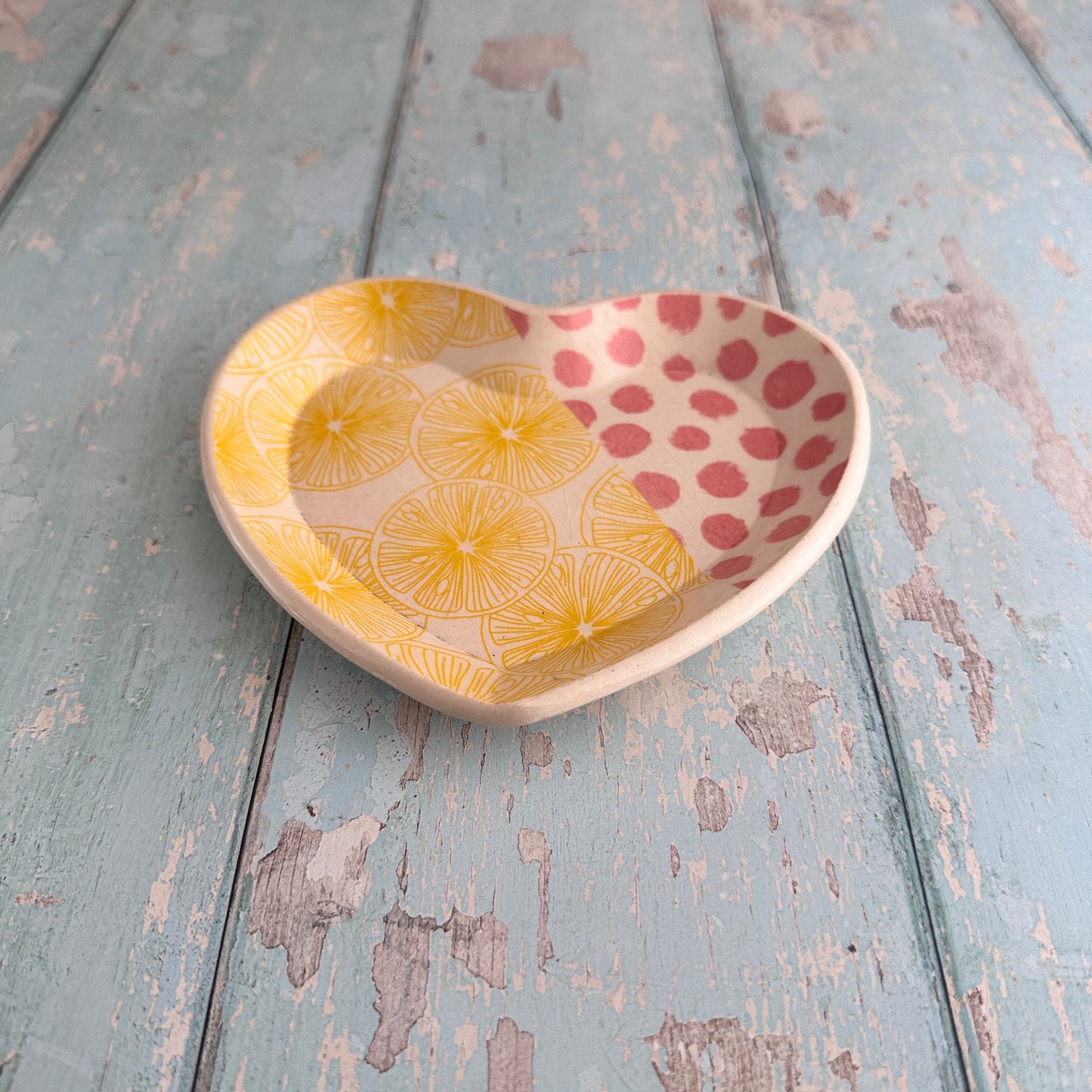 Pink Yellow Lemon Heart Dish, Handmade Ceramic Plate, Jewellery Tray
