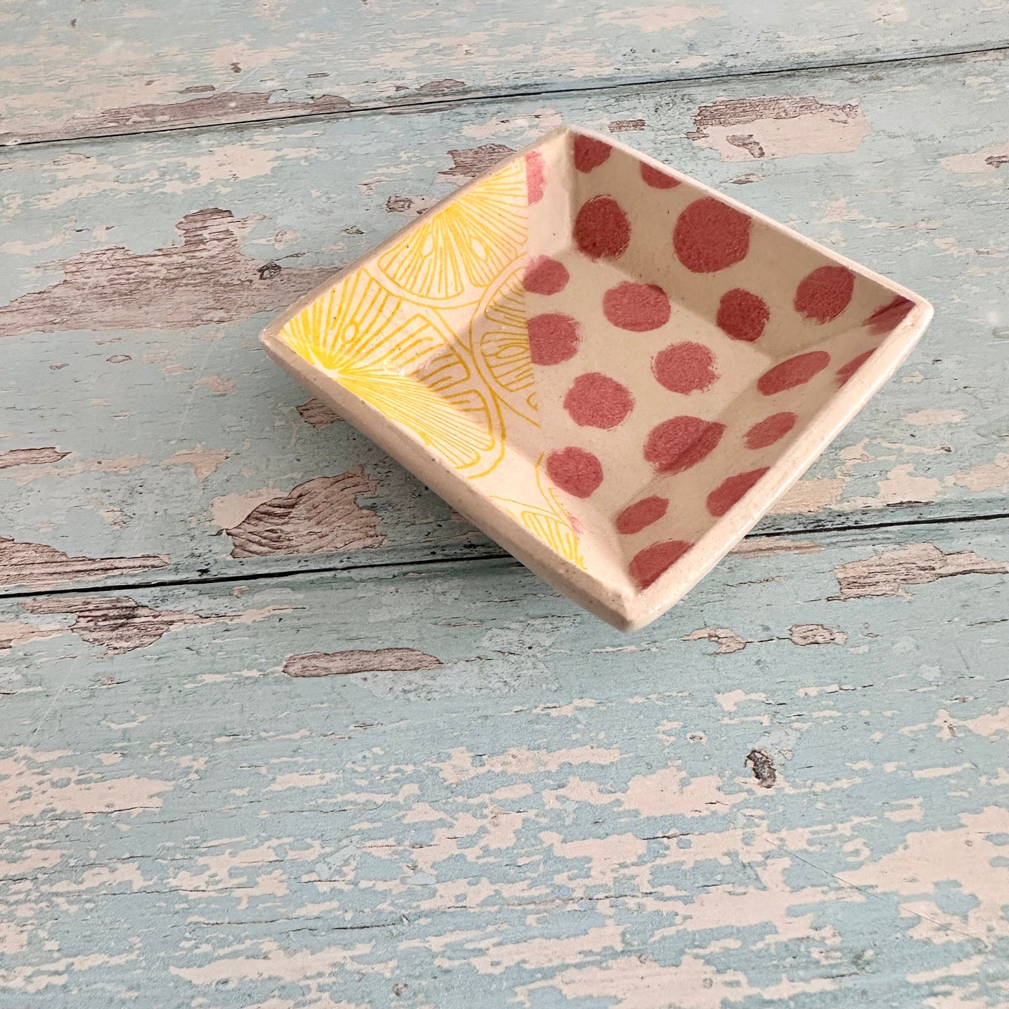Small Pink and Yellow Square Ring Dish, Handmade Ceramic Pot