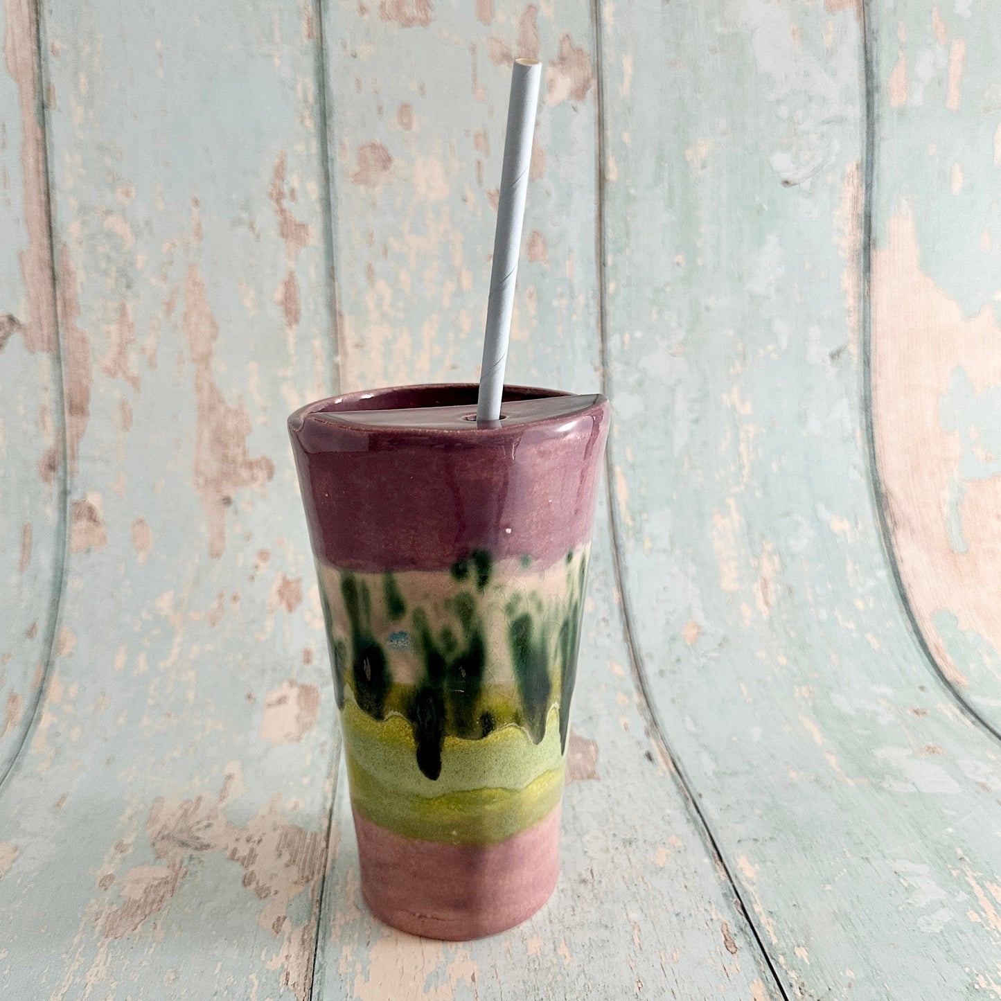Purple and Green Straw-holder Tumbler, Large Ceramic Cup