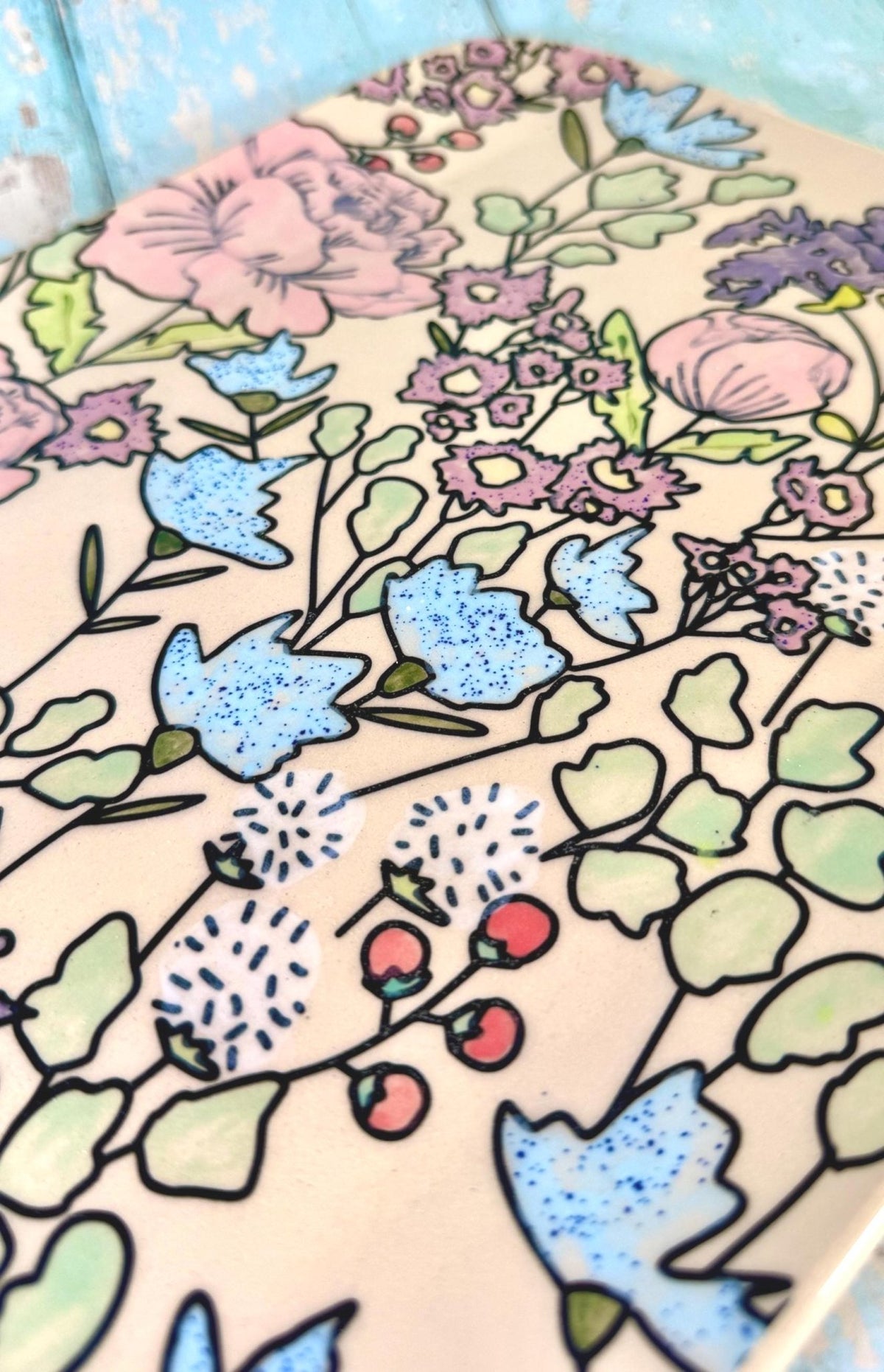 Colourful Floral Platter, Large Handmade Rectangle Ceramic Plate - FJD Ceramics