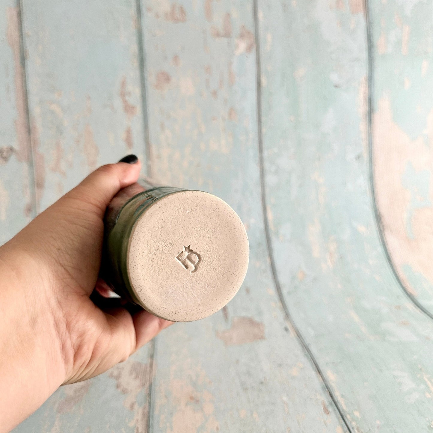 Coral Pink and Green Straw - holder Tumbler, Large Ceramic Cup - FJD Ceramics