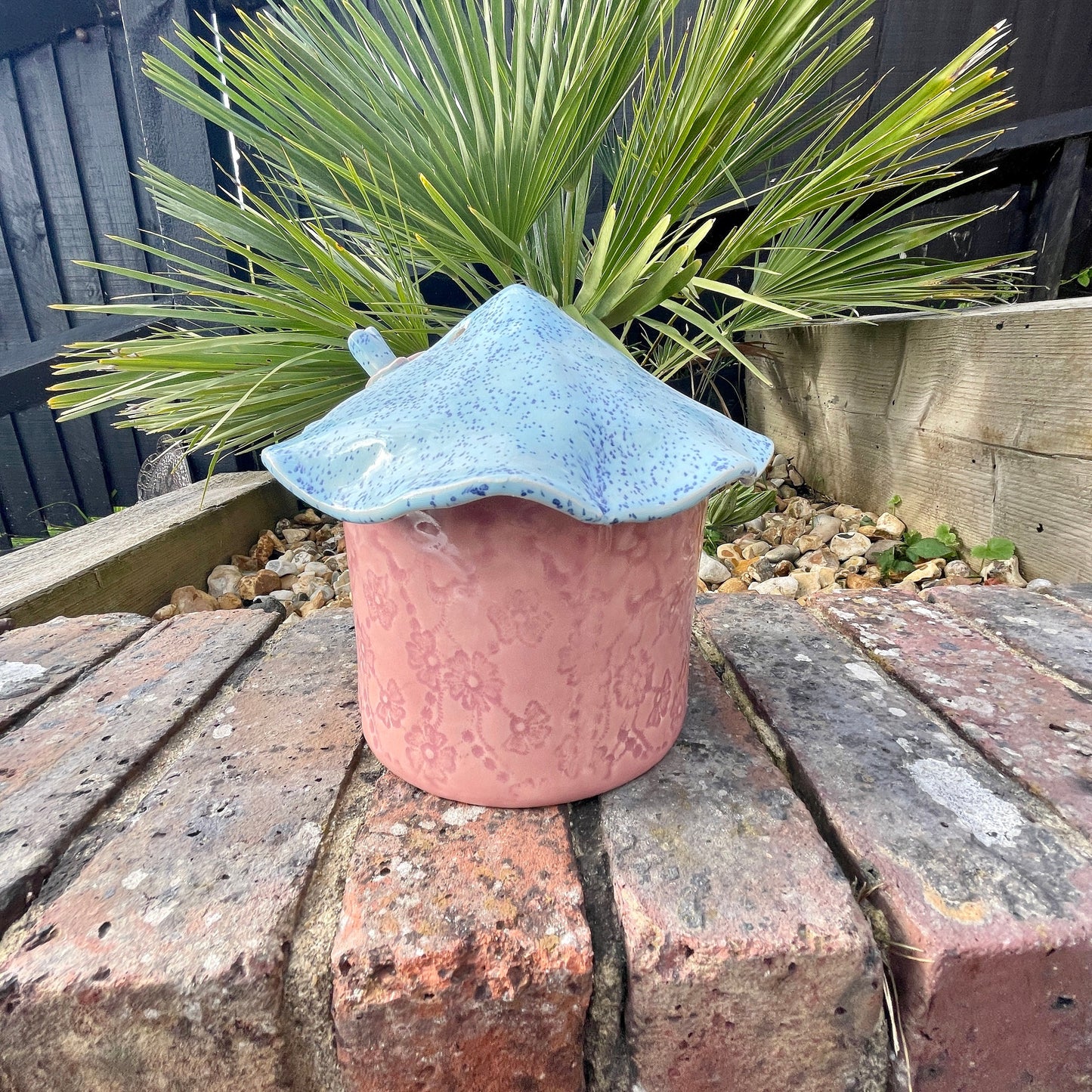Pink and Blue Ceramic Bird feeder, Handmade Garden Decoration