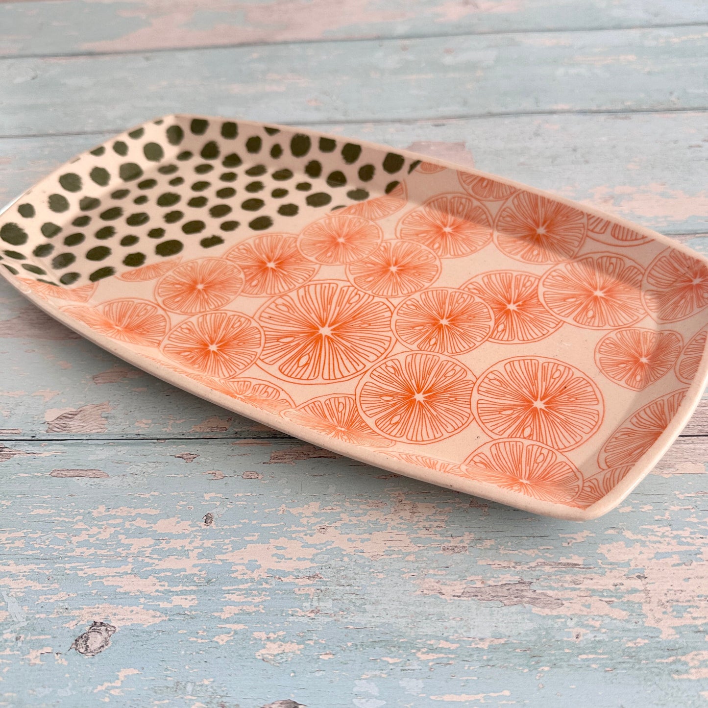 Orange and Green Platter, Large Handmade Rectangle Ceramic Plate
