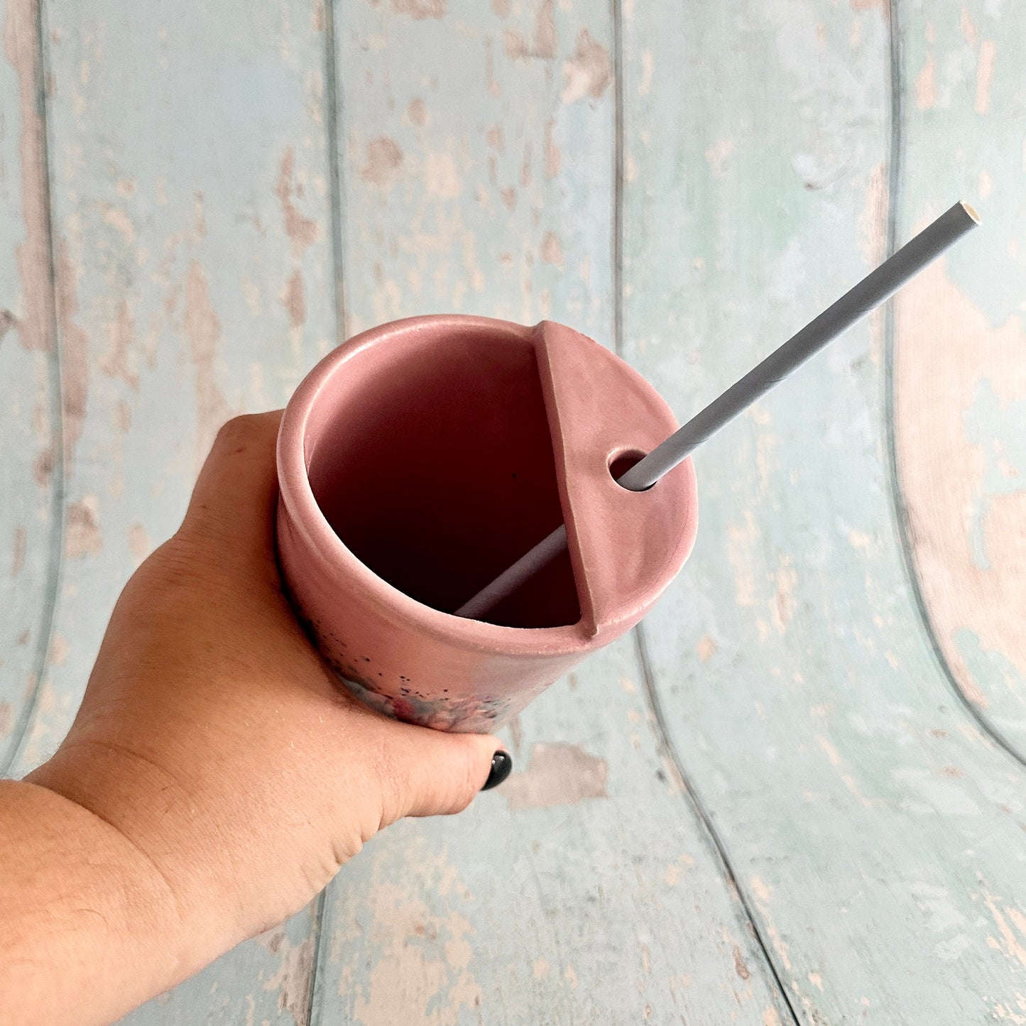 Pink and Green Straw Holder Tumbler, Large Ceramic Cup