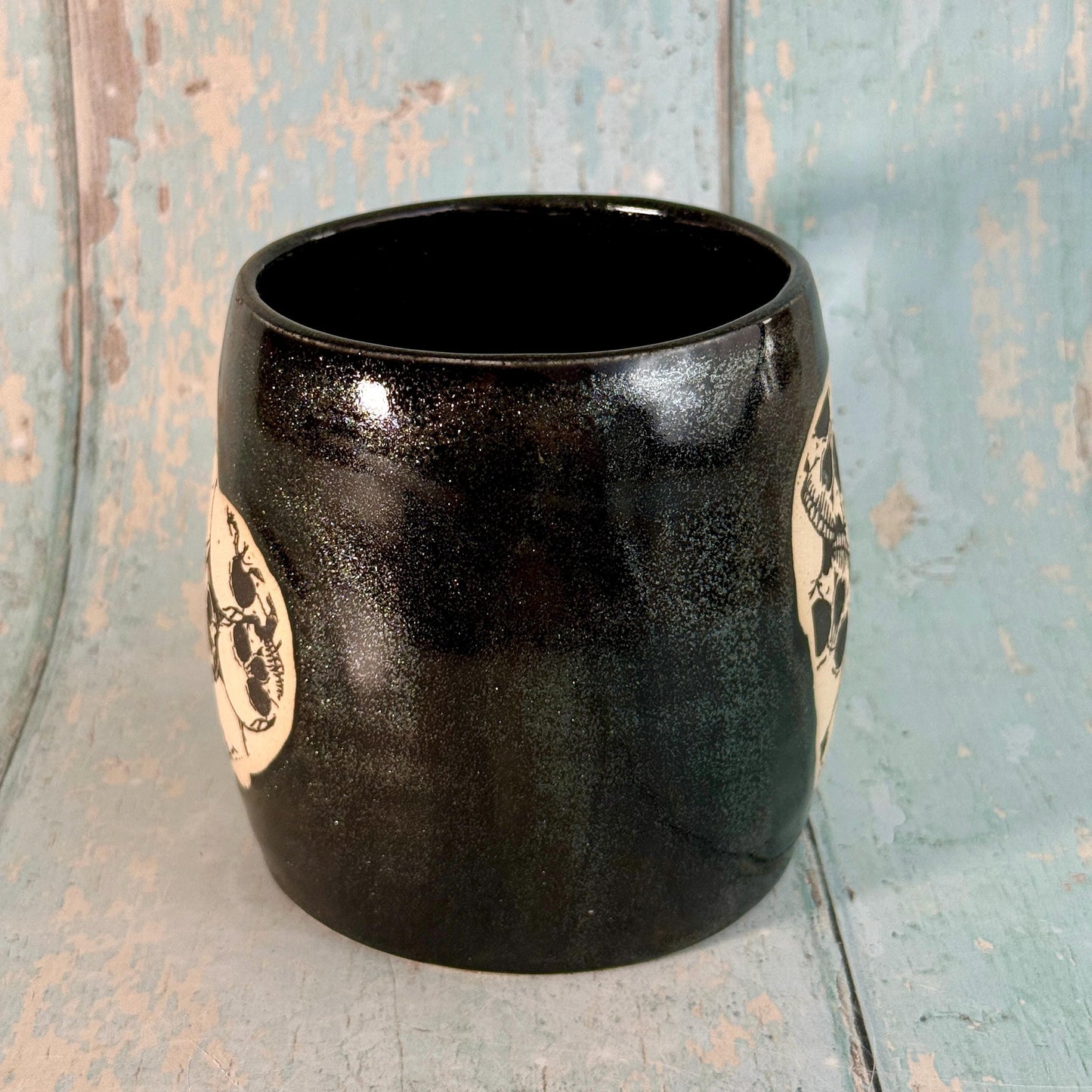 Black Skull Heart Mug, Handmade Ceramic Cup