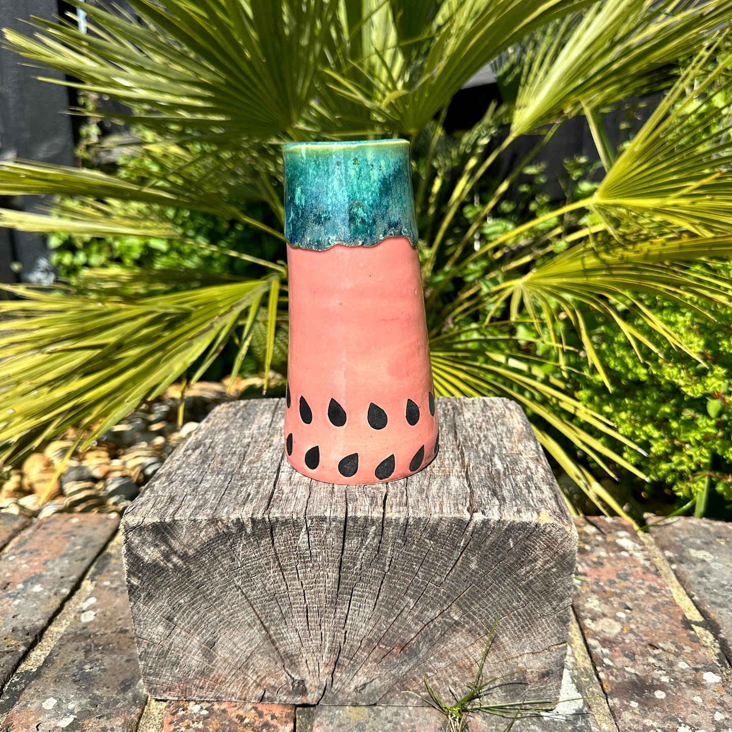 Ceramic Watermelon Vase,  Handmade Modern Pottery, Pink and Green