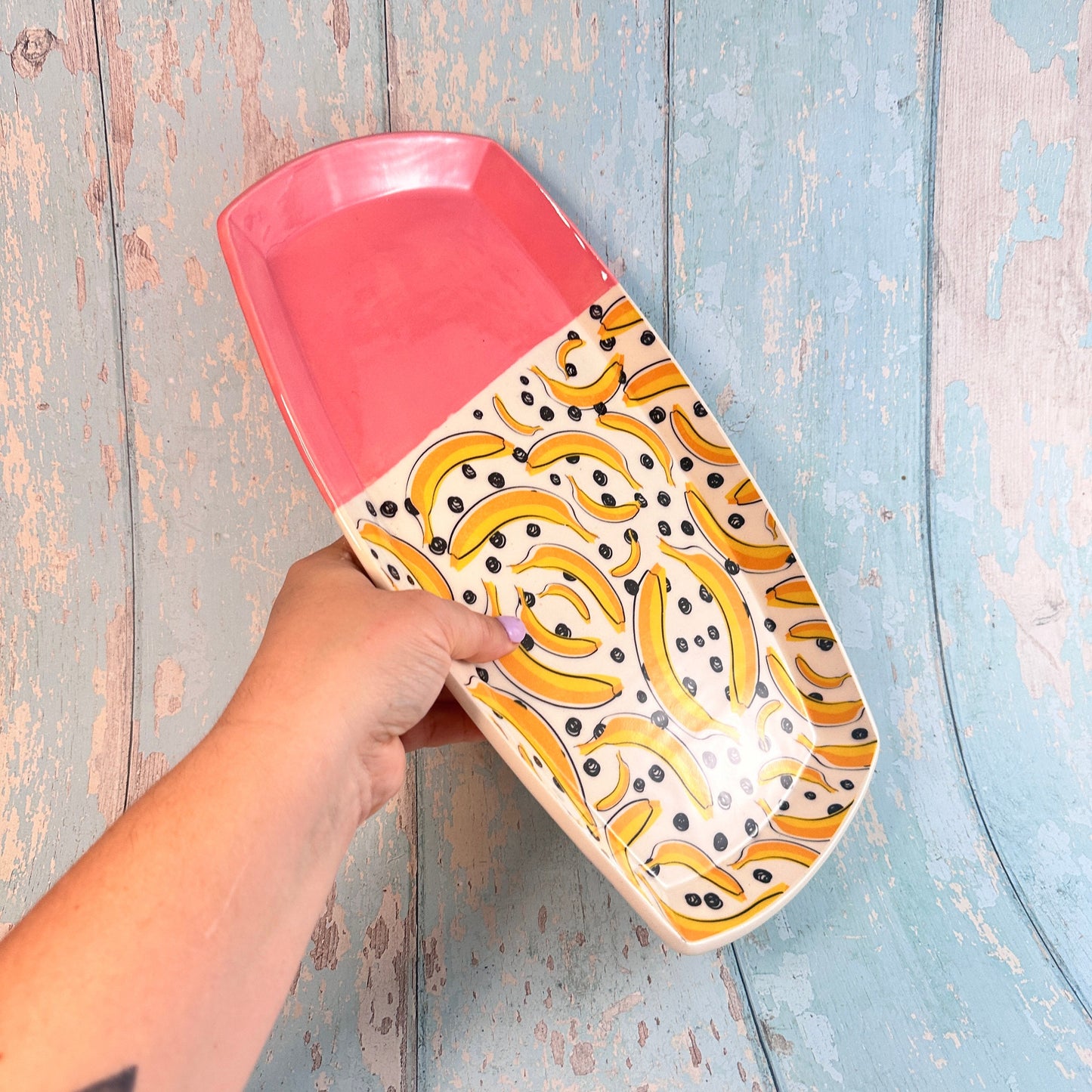 Large Banana Platter, Yellow and Pink Handmade Rectangle Ceramic Plate