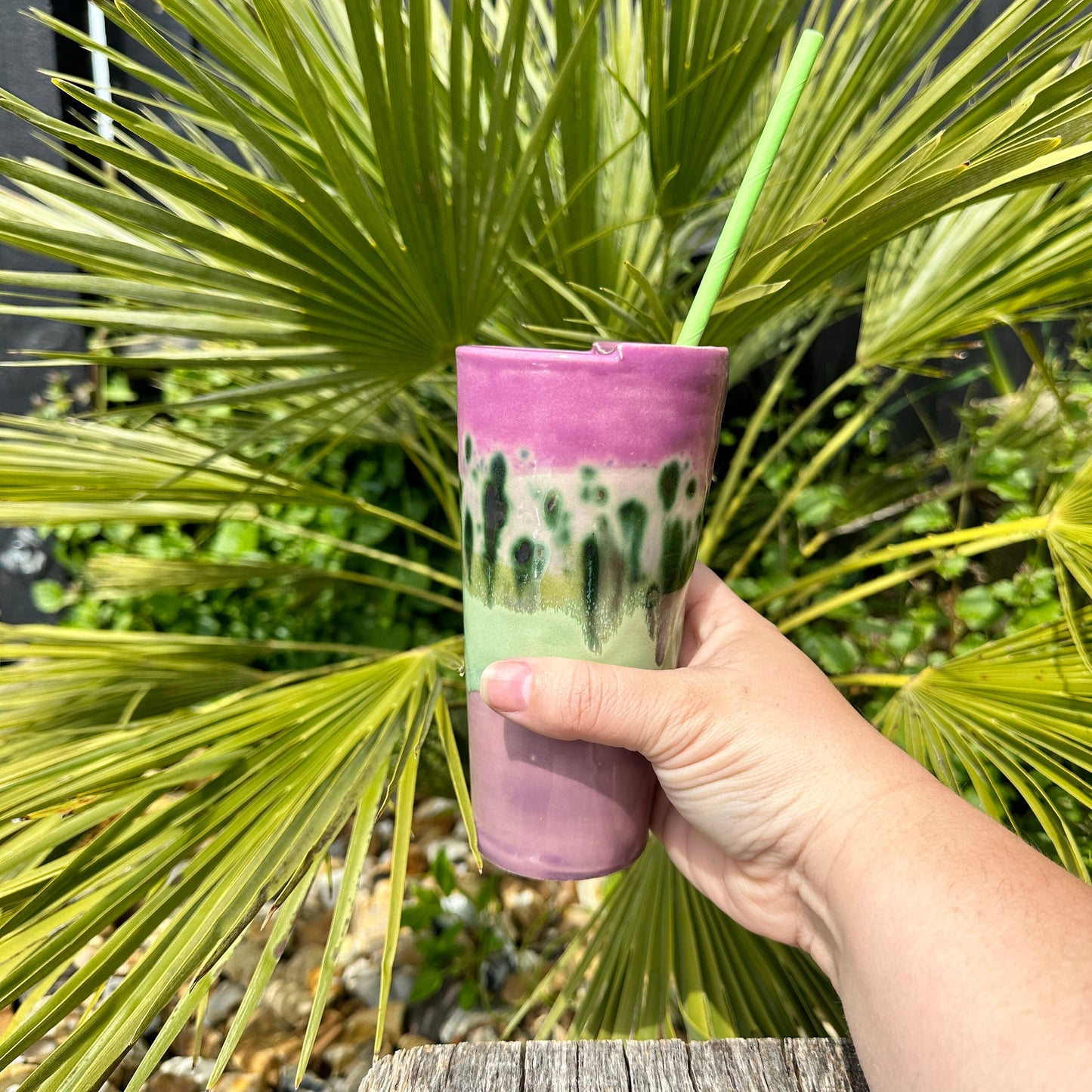 Tall Ceramic Cold Drink Straw Holding Tumbler, Handmade Modern Purple Cup