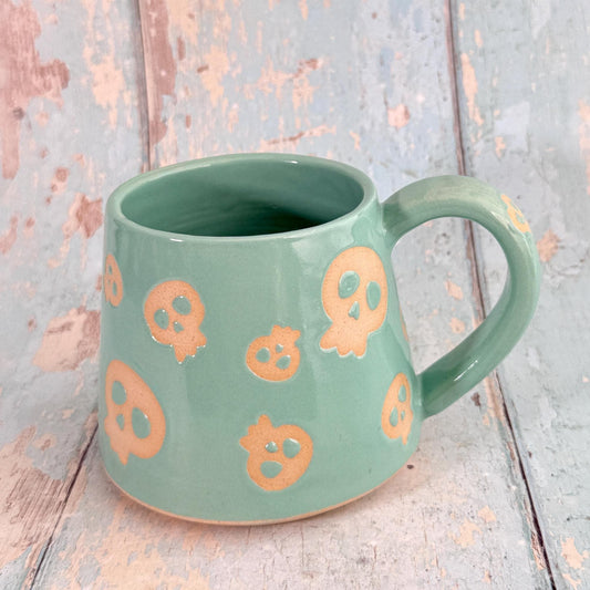 Turquoise Green Skull Mug, Handmade Ceramic Cup, Spooky Halloween Mug