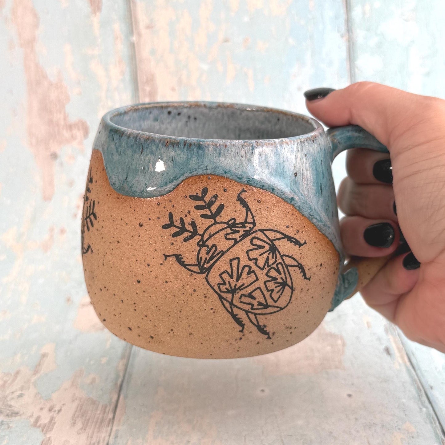 Turquoise Beetle Mug, Large Ceramic Cup