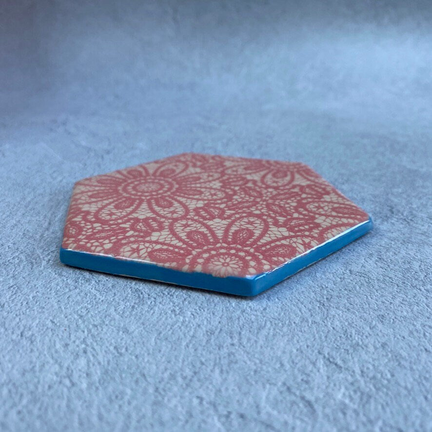 Handmade Ceramic Coaster, Pink Lace Turquoise