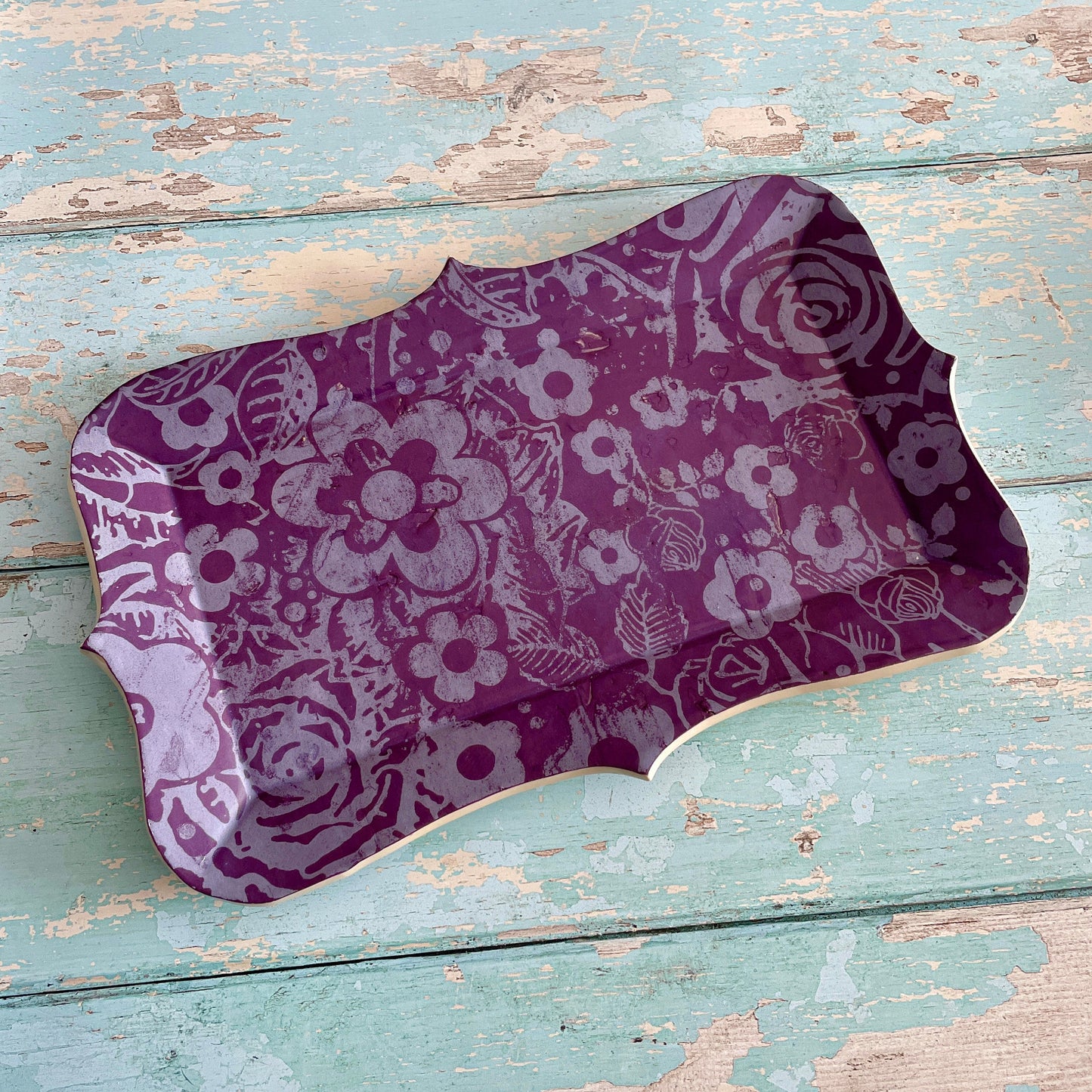 Purple Floral Platter, Shabby Chic Plate Tray