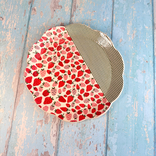 Strawberry Platter,  Red and Green Large Handmade Round Ceramic Cake  Plate