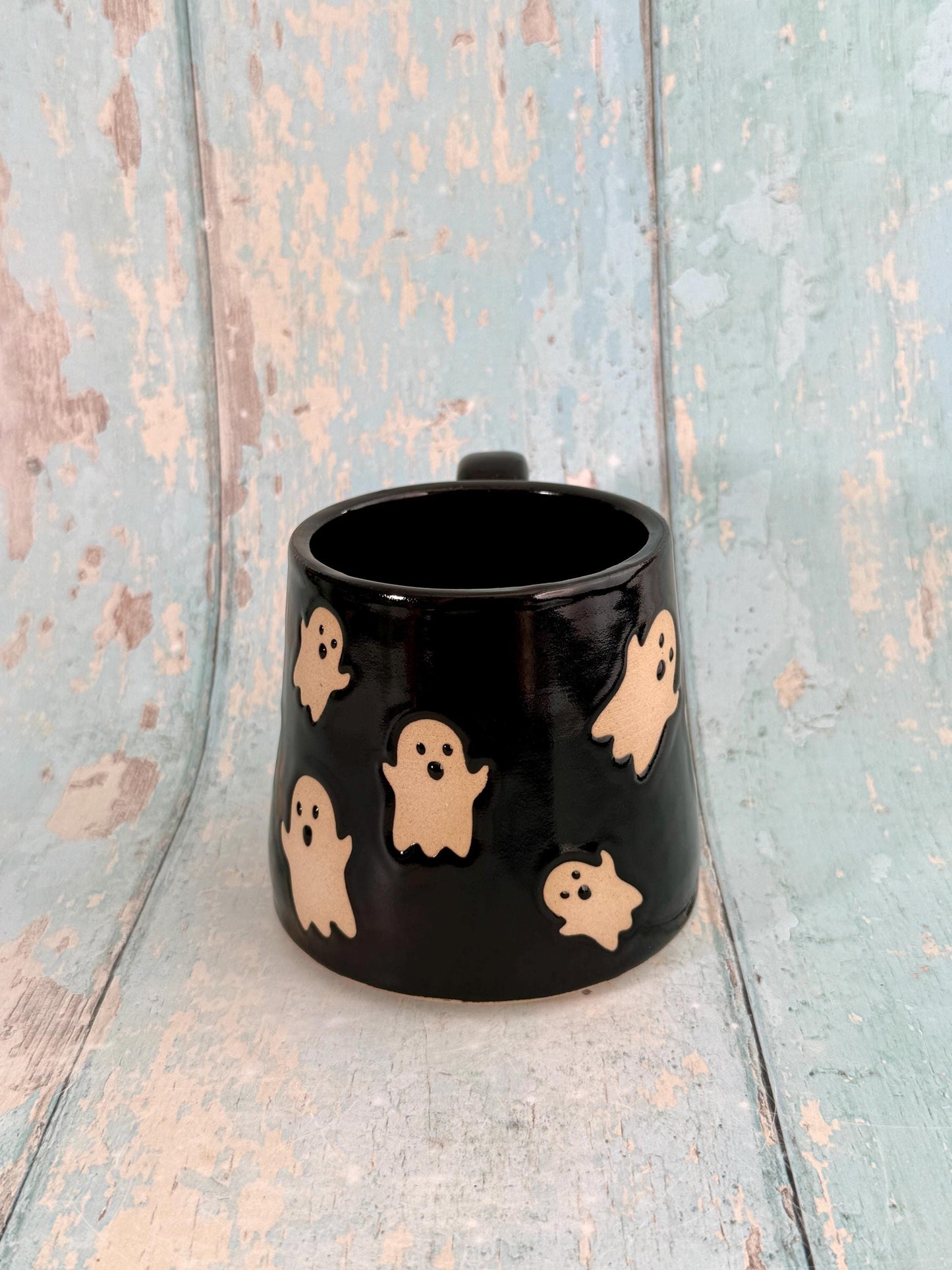 Black Ghost Mug, Handmade Ceramic Cup, Spooky Halloween Mug