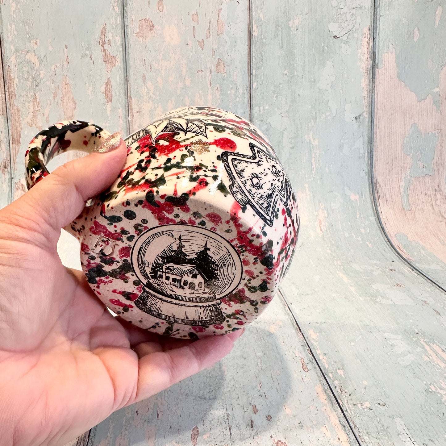 Large Christmas Mug, Handmade Ceramic Cup, Green Red Gold