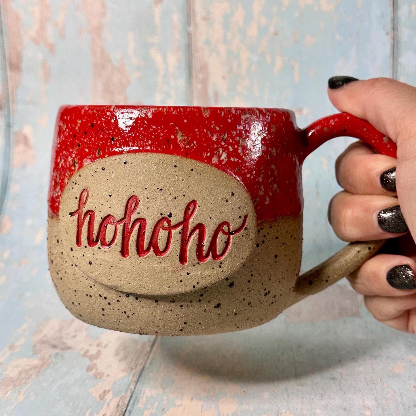 Red Christmas Hohoho Mug, Handmade Ceramic Cup - Father Christmas Santa