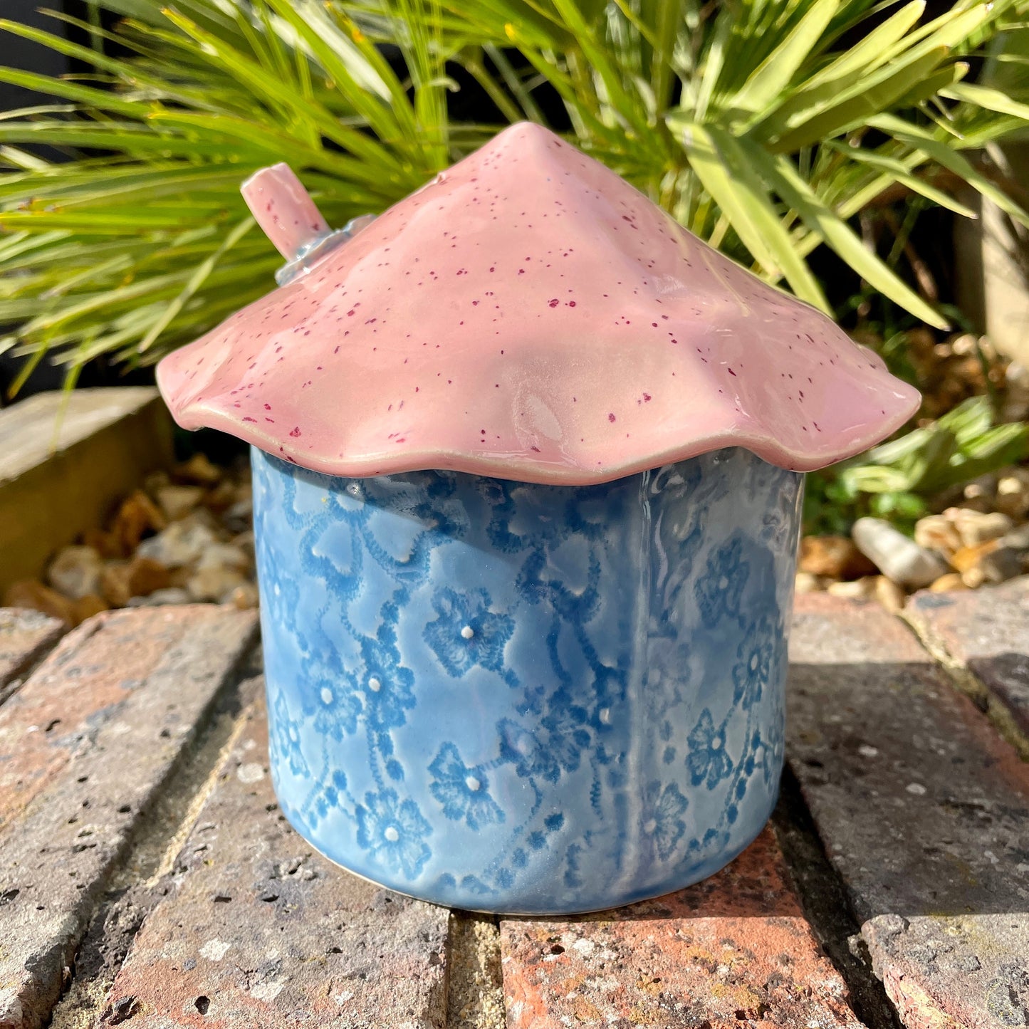 Pink and Blue Ceramic Birdhouse, Handmade Garden Decoration
