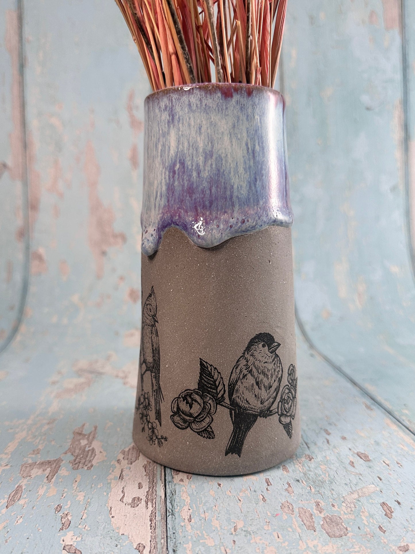 Purple Bird Floral Ceramic Vase, Handmade Modern Pottery