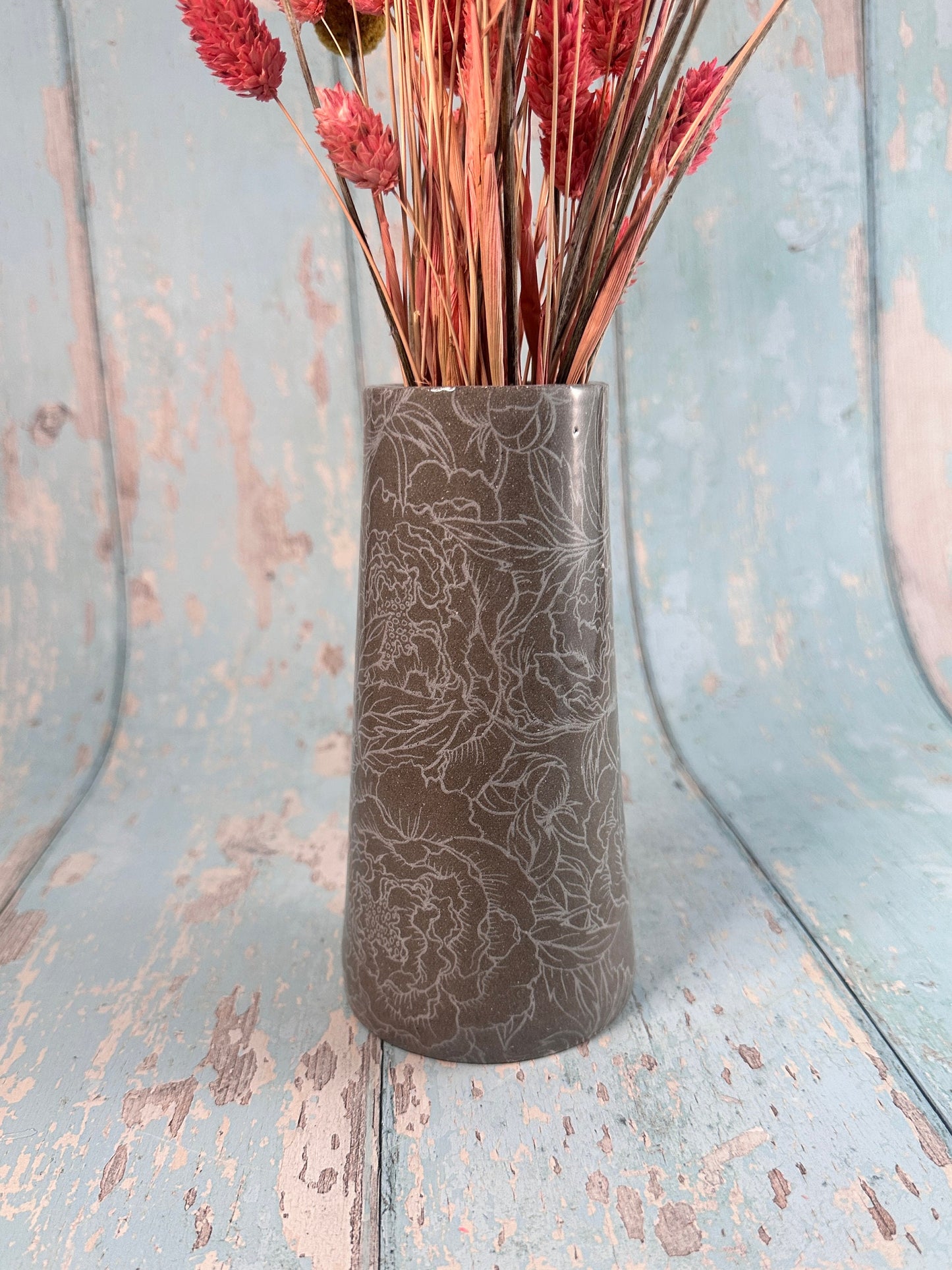 Grey Peony Ceramic Vase, Handmade Modern Pottery