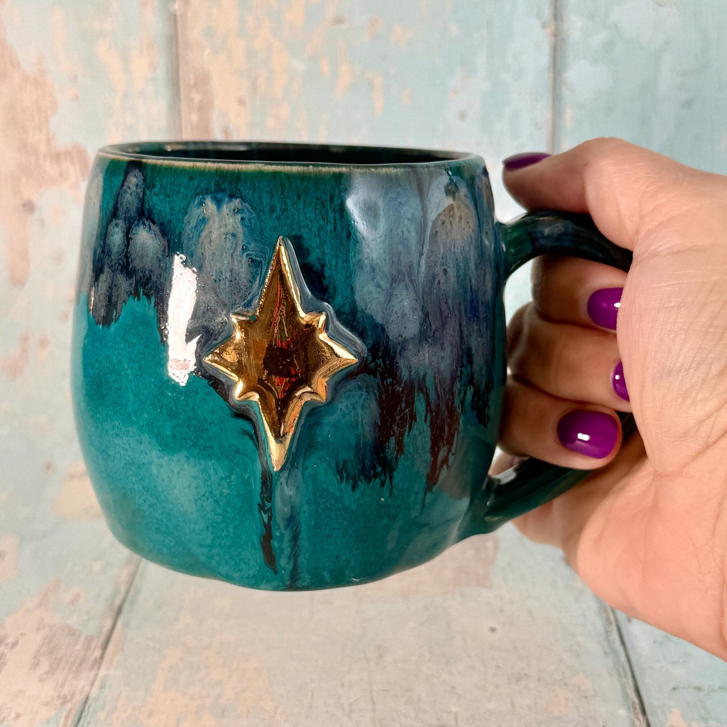 Turquoise Gold Northern Star Mug, Handmade Ceramic Mug