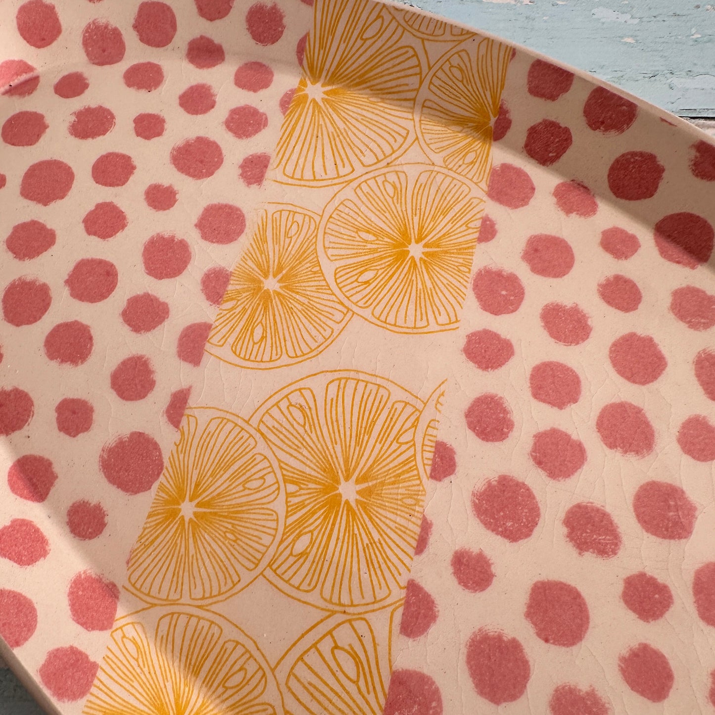 Pink Polka Dot and Yellow Lemon Platter, Large Handmade Oval Ceramic Plate