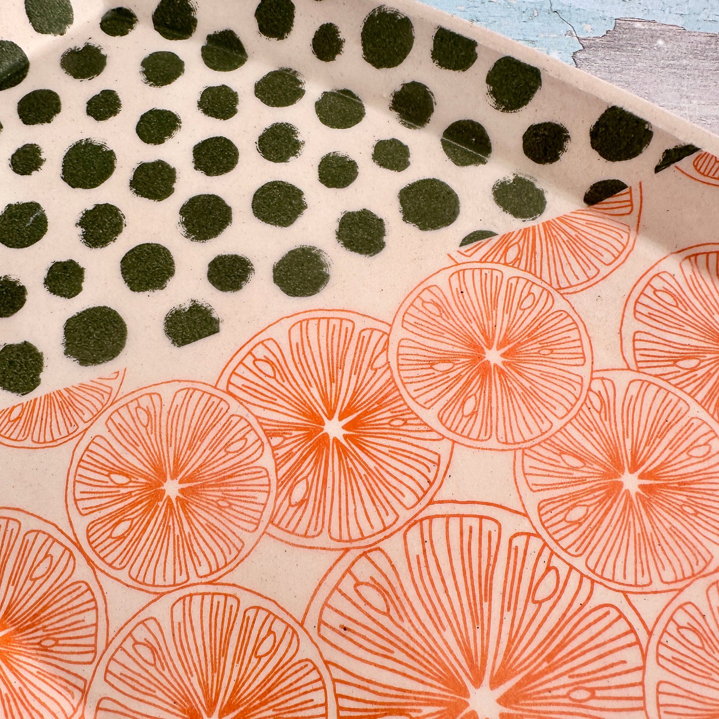 Orange and Green Platter, Large Handmade Rectangle Ceramic Plate