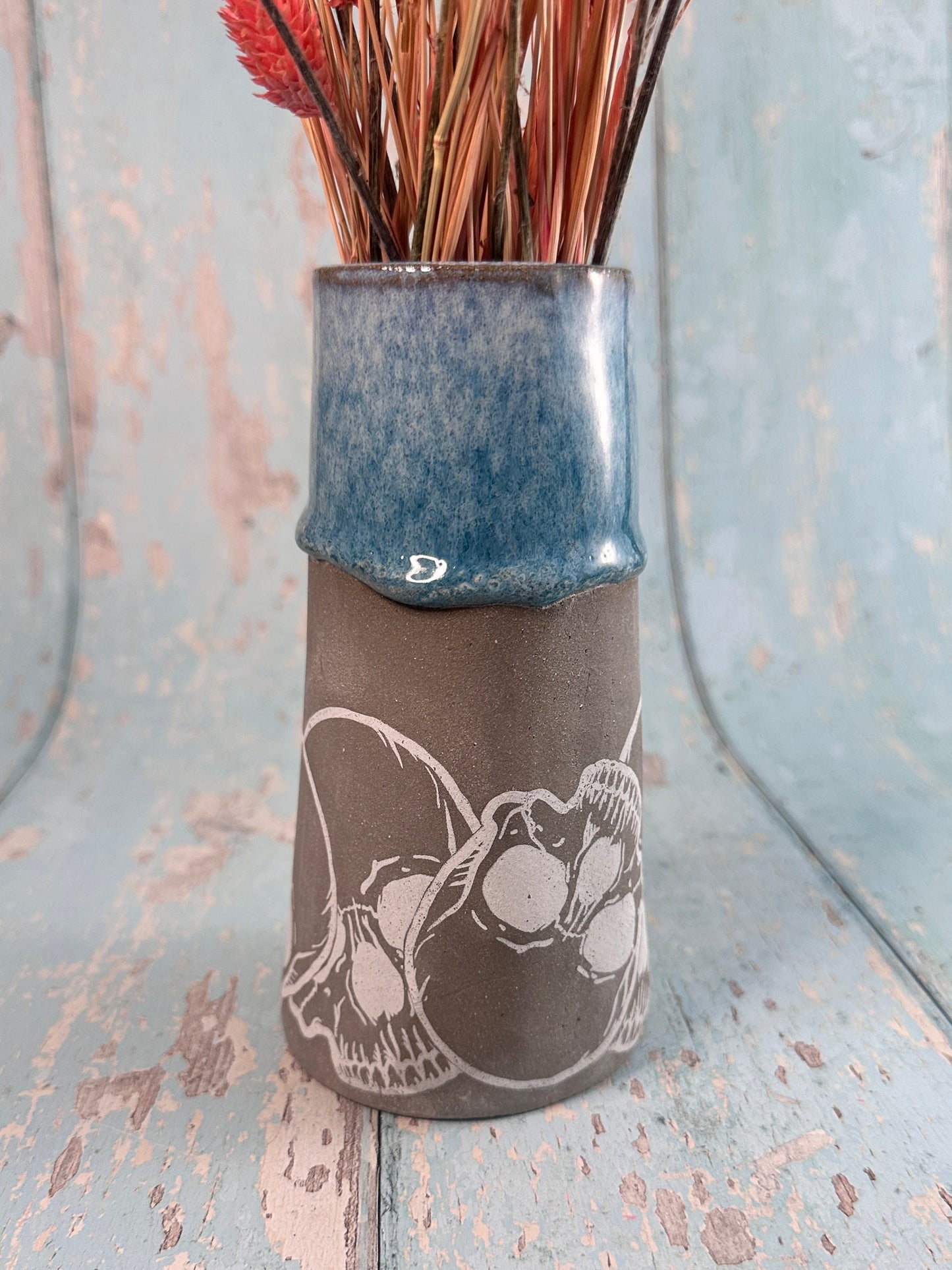 Blue Skull Floral Ceramic Vase, Handmade Modern Pottery