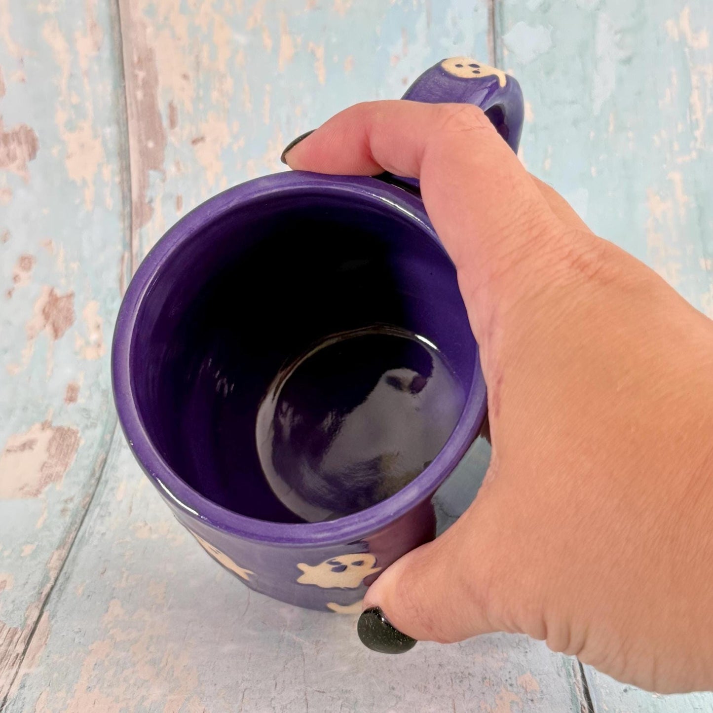 Purple Ghost Mug, Handmade Ceramic Cup, Spooky Halloween Mug