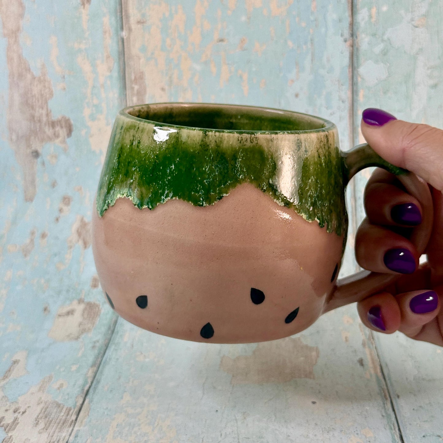 Ceramic Watermelon Mug, Large Pink and Green Cup
