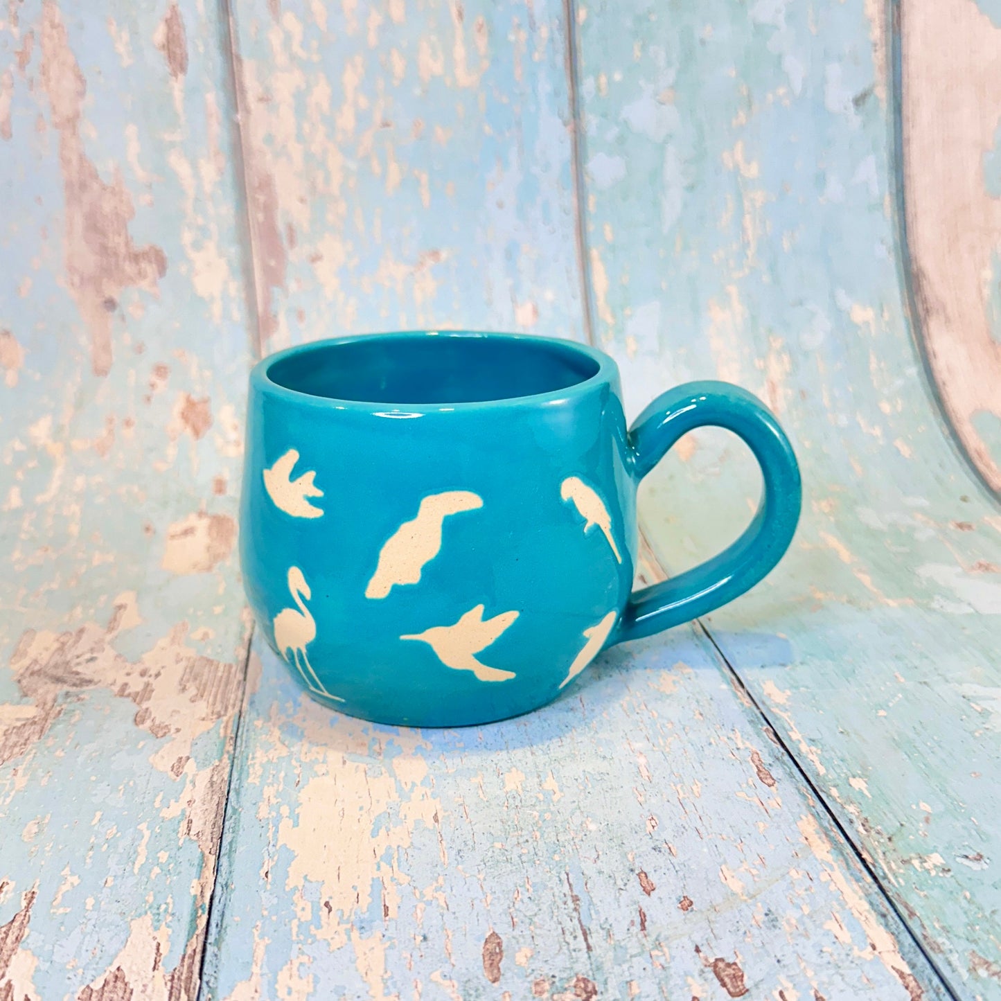 Turquoise Blue Bird Mug, Handmade Ceramic Cup