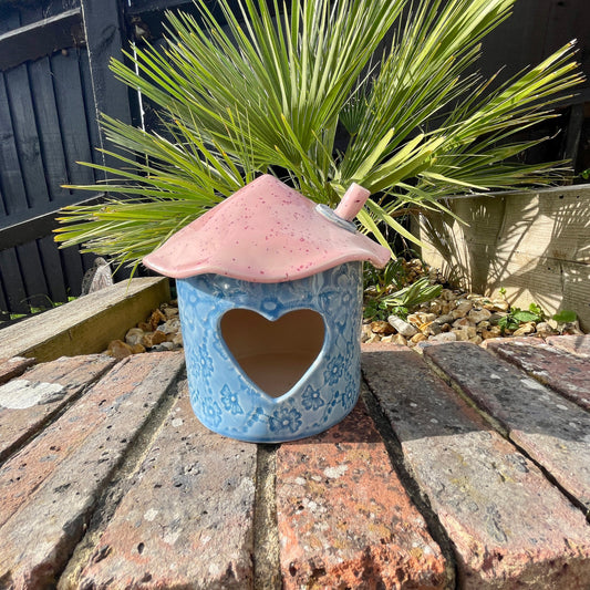 Pink and Blue Ceramic Birdhouse, Handmade Garden Decoration