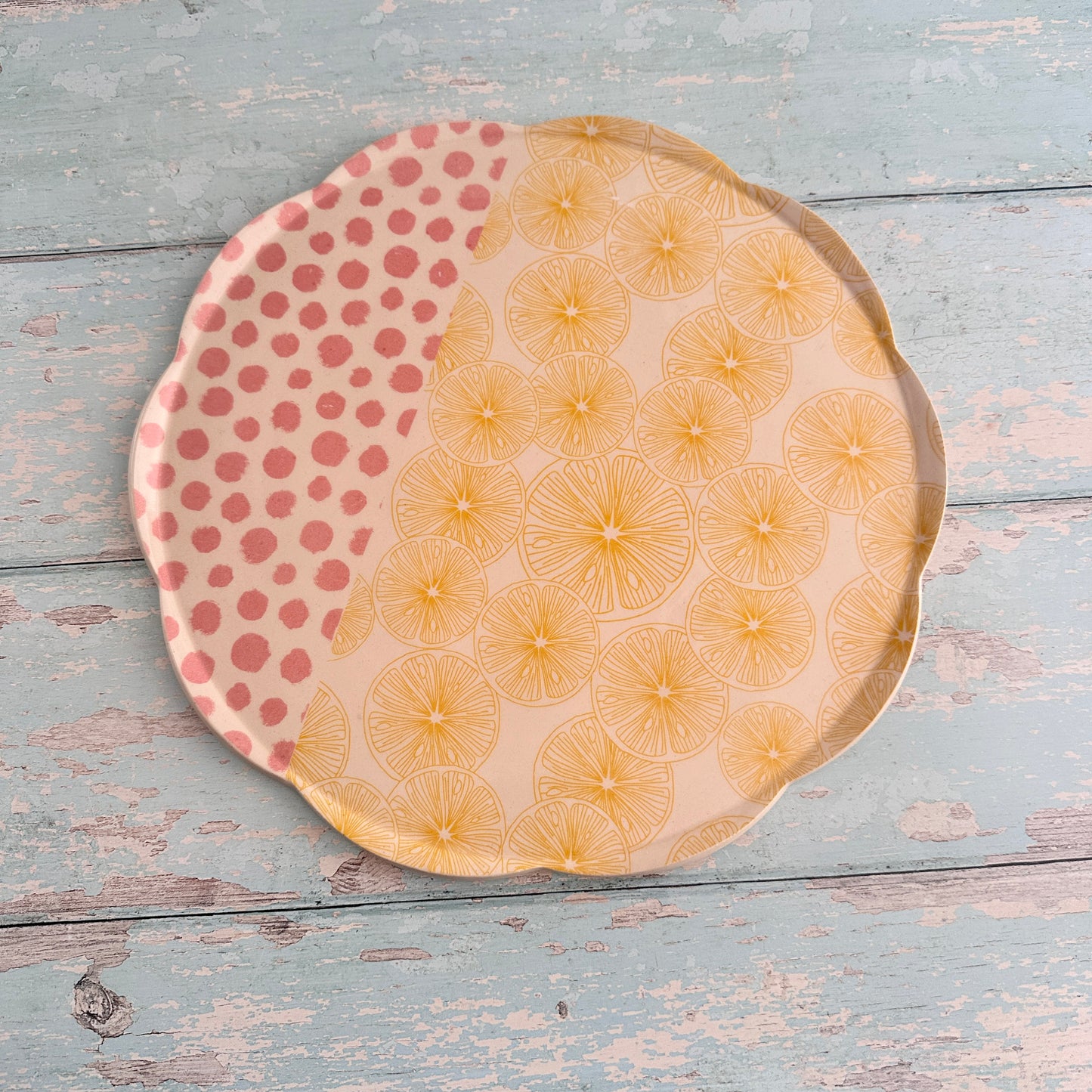 Pink Polka Dot and Yellow Lemon Platter, Large Handmade Round Ceramic Cake  Plate