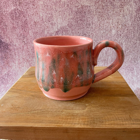Handmade Coral Pink and Green Drippy Glazed Ceramic Mug